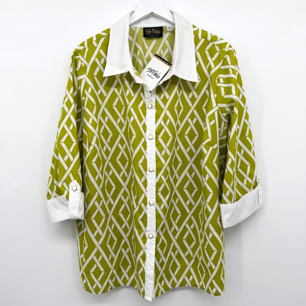 Bob Mackie Tunic Top Shirt Size 2X Button Up 3/4 Sleeves Coastal Artsy Retro NWT